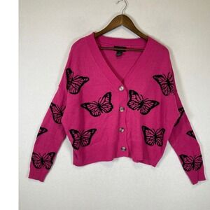 Y2K Aesthetic Runway Women Large Hot Pink Butterfly Print Button Front Cardigan